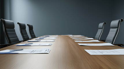 modern conference room featuring long wooden table with neatly arranged documents and pens, creating serious atmosphere