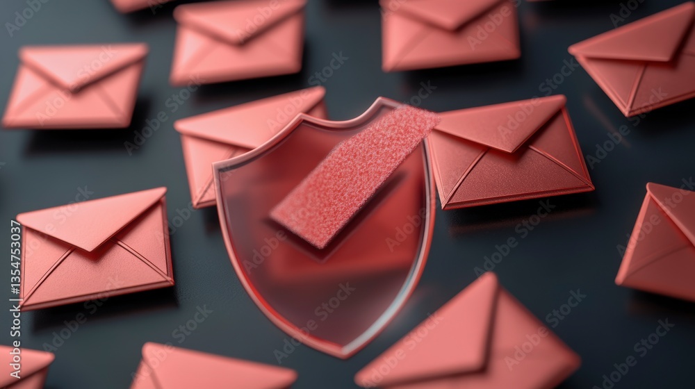 Poster glass shield protecting red email envelopes on dark background; concept of email security.
