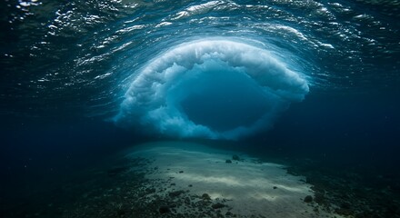 Underwater Wave Breaking Over Coral Reef with Sand Bottom Scenery