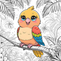 The large, sparkling eyes, tiny wings, and joyful expression give this bird a lovable and friendly personality, making it a delightful coloring experience for kids and adults alike.