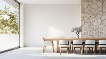 Fototapeta premium Warm brutalist dining area with a combination of stone, wood, and soft fabrics