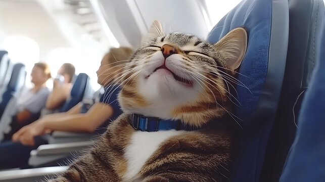 Relaxed tabby cat enjoying air travel, sleeping peacefully on airplane seat.