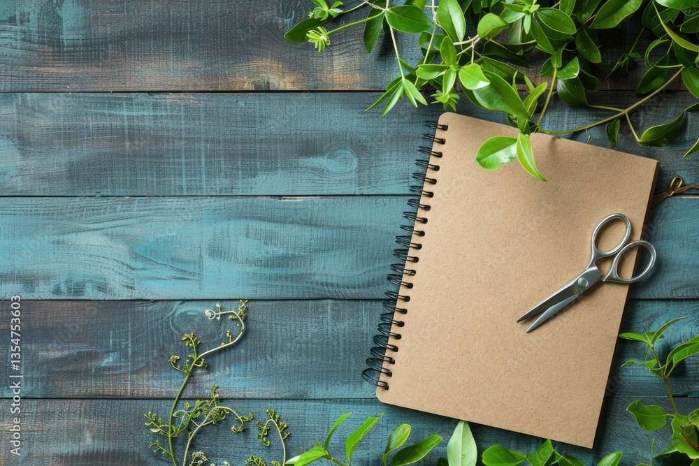 Poster ultra quality image of top view of blank notebook with scissors and plant