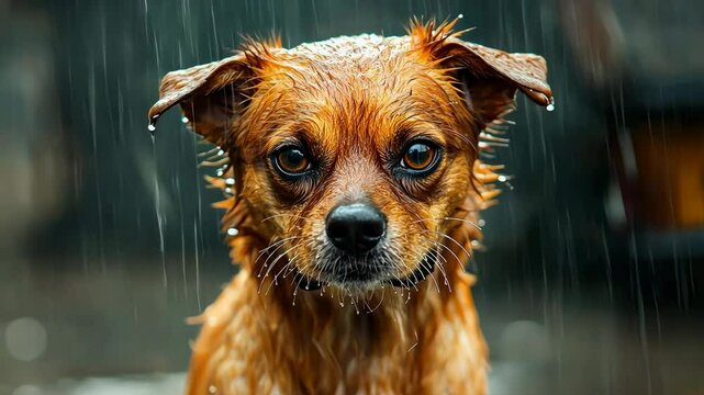 Little dog gets drenched in heavy rain and shows a sad expression while waiting for shelter outside