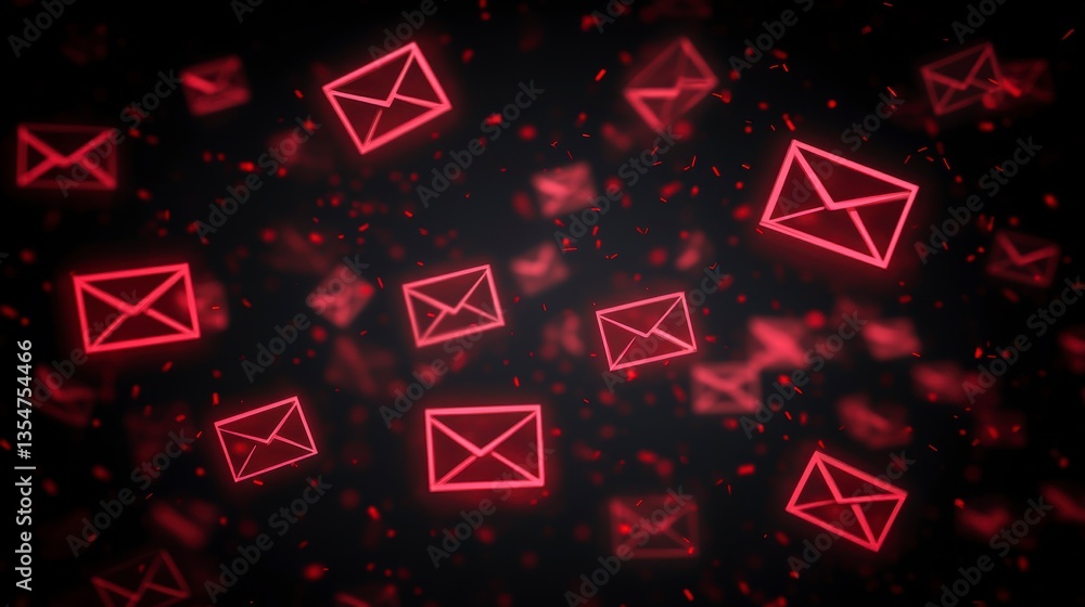 Poster Red glowing email icons floating in dark space, representing digital communication and online messaging.