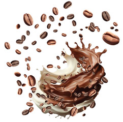 Roasted coffee beans air rotating with milk splash on white background