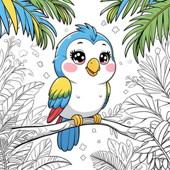 The large, sparkling eyes, tiny wings, and joyful expression give this bird a lovable and friendly personality, making it a delightful coloring experience for kids and adults alike.
