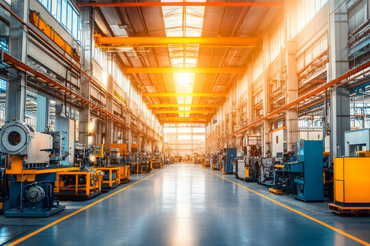 Sunlit industrial factory interior showcasing rows of modern machinery and clean lines, conveying a sense of efficiency and advanced manufacturing.
