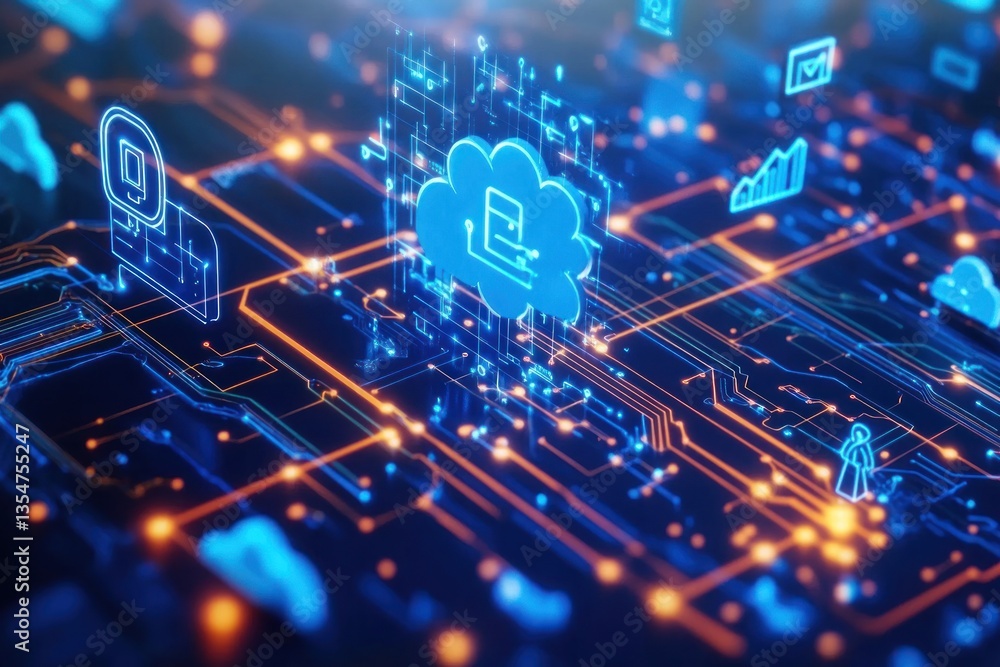 Poster cloud computing data transfer on digital circuit board.