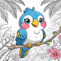 The large, sparkling eyes, tiny wings, and joyful expression give this bird a lovable and friendly personality, making it a delightful coloring experience for kids and adults alike.