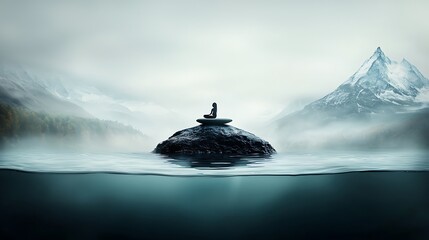 Woman meditating on rock, misty mountains