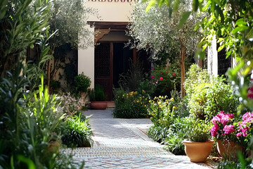 Serene courtyard garden with a patterned pathway, lush greenery, terracotta pots, and a traditional doorway.  Perfect for relaxation, travel, or home design.