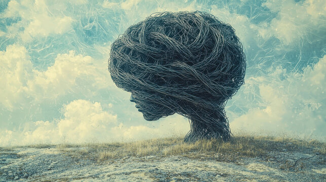 Twisted wires form an abstract representation of a brain illustrating overwhelming anxiety in a surreal landscape