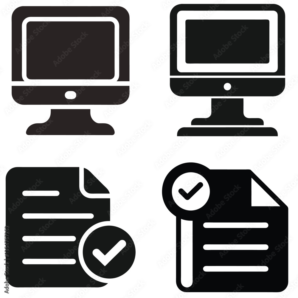 Poster flat 3d vector icons depicting digital computer technology, including monitor, screen, and keyboard