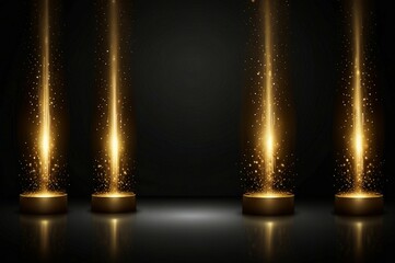 A luxurious event stage with multiple golden spotlights beaming down onto a polished wooden floor and black background
