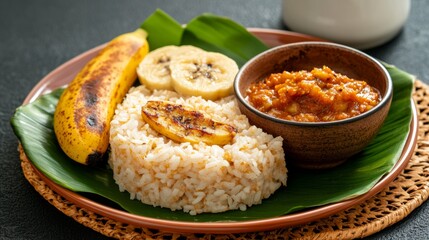 Sri Lankan kiribath presented with spicy sambal and fresh banana in traditional style