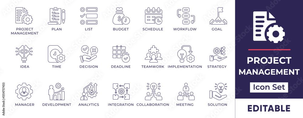 Poster minimalist line icons representing project planning, workflow, business strategy, team collaboration