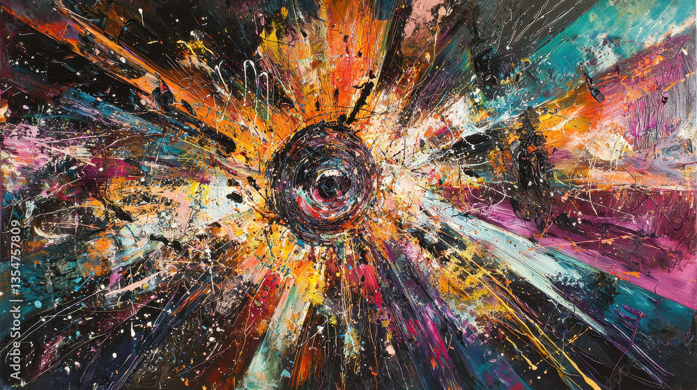 Poster explosive burst of colors representing chaotic thoughts and mental turmoil in a vibrant abstract com