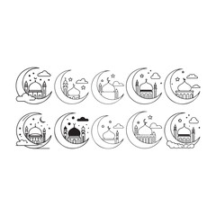 Fototapeta premium Islamic symbols of mosque and crescent moon with stars and clouds, Arabian vector line art icons set Islamic star mosque.