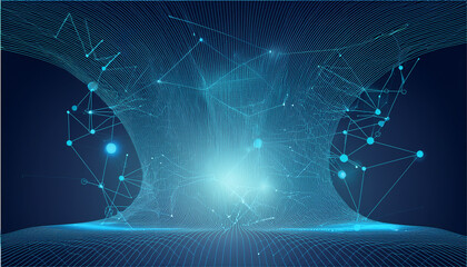Obraz premium Abstract Digital Network: An abstract composition of interconnected nodes and lines, glowing with futuristic blue light.
