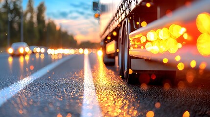 Blurred View of Vehicle Lights on Night Road at Sunset