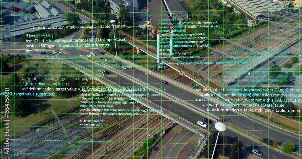 Poster aerial view of highway and railway with programming code overlay animation