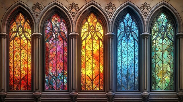 Professional design of ornamental glass highlighting stained glass panels with vibrant colors and filigree style framing in gothic architecture - Powered by Adobe