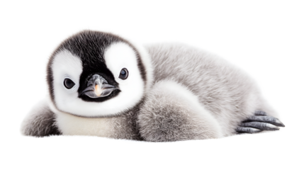 A baby penguin is lying on its back with its head turned to the side