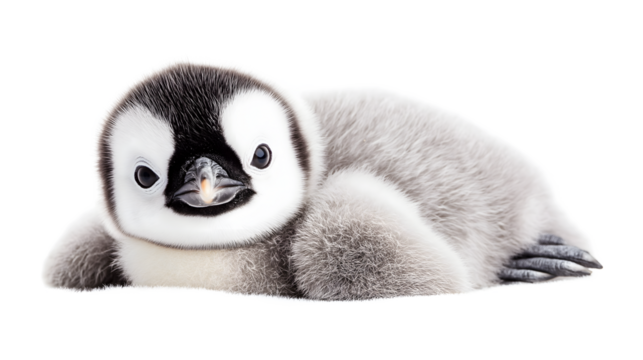 A baby penguin is lying on its back with its head turned to the side
