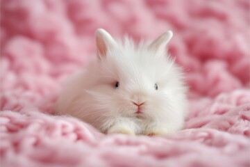 Naklejka premium Fluffy white bunny resting on a soft pink blanket