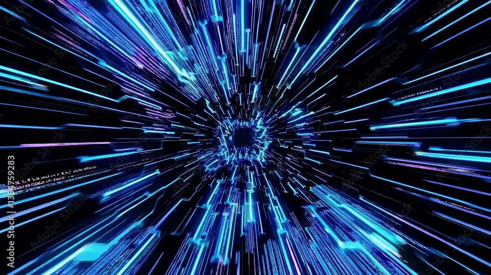 Poster dynamic video of blue digital light streaks converging, creating a futuristic tunnel effect. capture