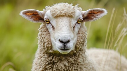 Fototapeta premium Sheep portrait in a grassy field. Possible use stock photo