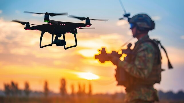 Silhouette of a soldier operating drones for military reconnaissance and tactical operations