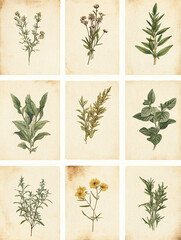 Botanical study: diverse collection of floral and herbal specimens on aged paper, vintage charm, nature's artistry, botanical illustrations.