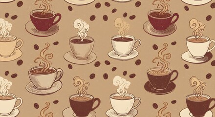 Hand-Drawn Coffee Cups Pattern on Beige Background
