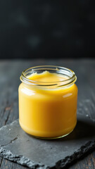 Open mason jar containing yellow-orange substance on a dark surface.