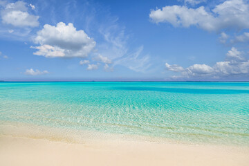 Pristine clear sea water bay. Pristine ocean lagoon sunny cloudy sky, idyllic relaxing seascape. Transparent surface, exotic travel. Tropic Mediterranean nature panorama. Summer background, beach view