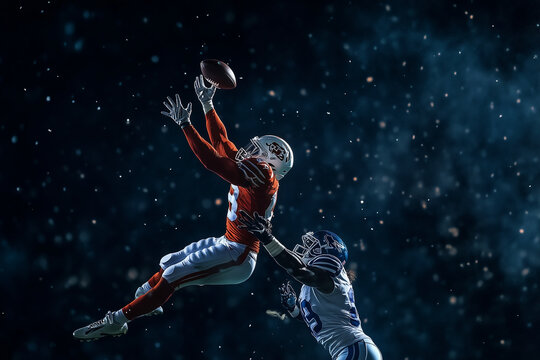 football player is leaping in the air to catch a ball. The image has a mood of excitement and anticipation