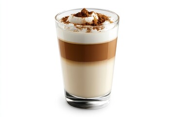 Enjoying a Layered Latte with Cream and Cocoa Powder in a Glass