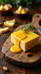 A creamy block of butter with a golden hue, topped with sliced almonds on a rustic wooden cutting board.