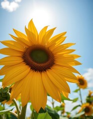 Obraz premium Close-up of vibrant yellow sunflower against a sunny summer sky, meadow, bloom
