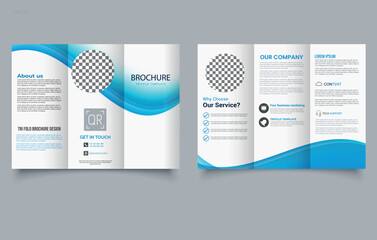 Modern Blue wave Trifold Brochure Template Design. Editable image.