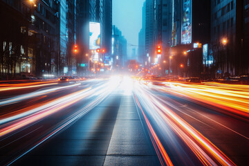 Obraz premium city street with a lot of traffic and a lot of lights. The lights are blurry and the street is wet