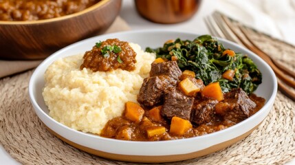 Delicious plate of Zimbabwean sadza served with beef stew and sautéed greens in warm earthy tones