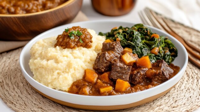 Delicious plate of Zimbabwean sadza served with beef stew and saut&eacute;ed greens in warm earthy tones