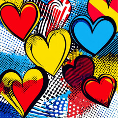 Colorful pop art background featuring various hearts in different sizes, shapes, and patterns. The design includes bold lines, halftone dots, comic-style textures