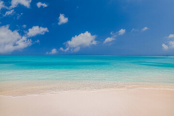 Pristine clear sea water bay. Pristine ocean lagoon sunny cloudy sky, idyllic relaxing seascape. Transparent surface, exotic travel. Tropic Mediterranean nature panorama. Summer background, beach view