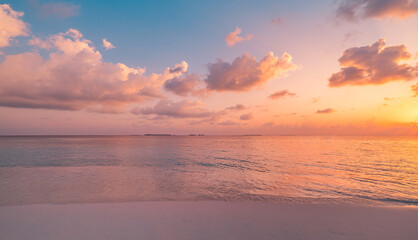 Panoramic beach landscape closeup sea waves soft sand. Inspire tropical seascape horizon. Pink gold romantic sunset sky peaceful tranquil relax sunlight summer shore. Vacation travel holiday banner