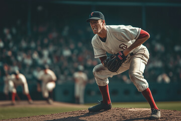 baseball player is pitching a ball on a field. The pitcher is wearing a red and white uniform and a black hat. The pitcher is in the middle of the action, and there are other players on the field