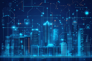 Obraz premium futuristic city skyline illuminated with blue lights and digital technology elements, showcasing smart city concept with seamless connectivity and innovation